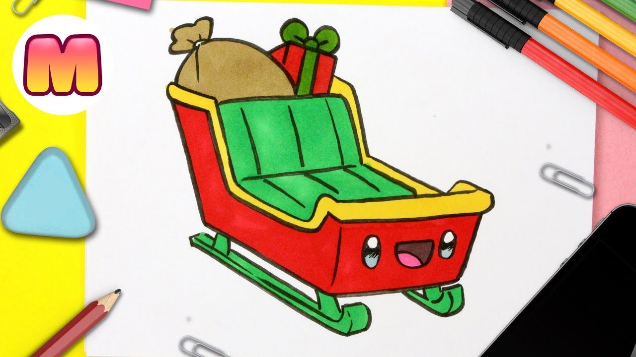 COMO DIBUJAR UN TRINEO DE PAPA NOEL DE NAVIDAD KAWAII - - Dibujos navideños faciles - Dibuja facil