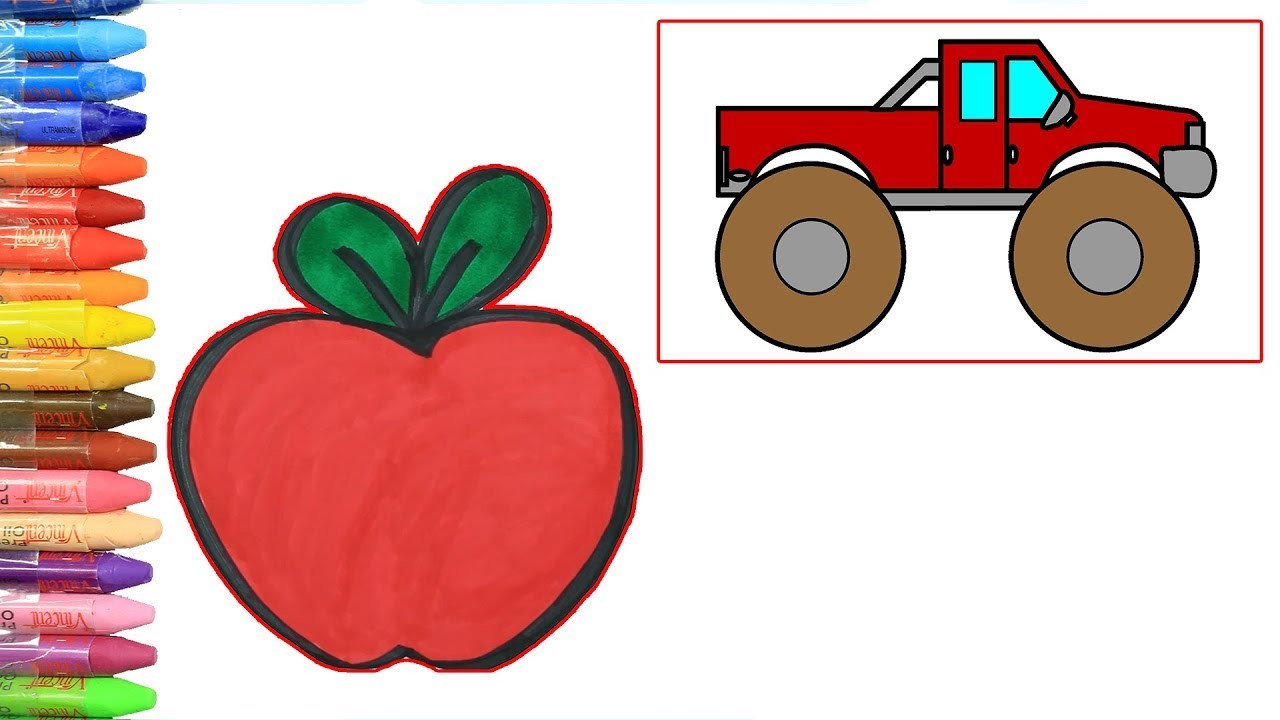 Cómo Dibujar y Colorear manzana y camión monstruo | Aprender Colores | Dibujos para colorear