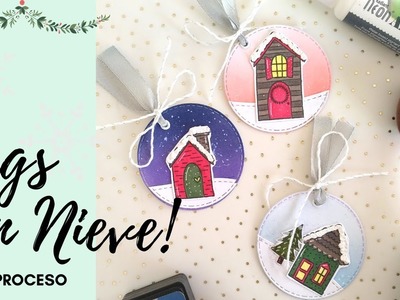 Tags navideños con Neon Amplify y fondos Distress