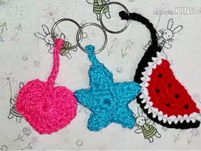 3 llaveros tejidos a crochet. Corazón, estrella y sandía.