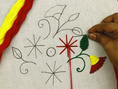 Hand embroidery tutorial with Spider Web Stitch. Bullion Knot Stitch. French Knots