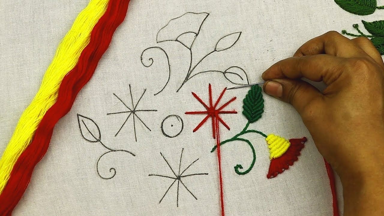 Hand embroidery tutorial with Spider Web Stitch. Bullion Knot Stitch. French Knots