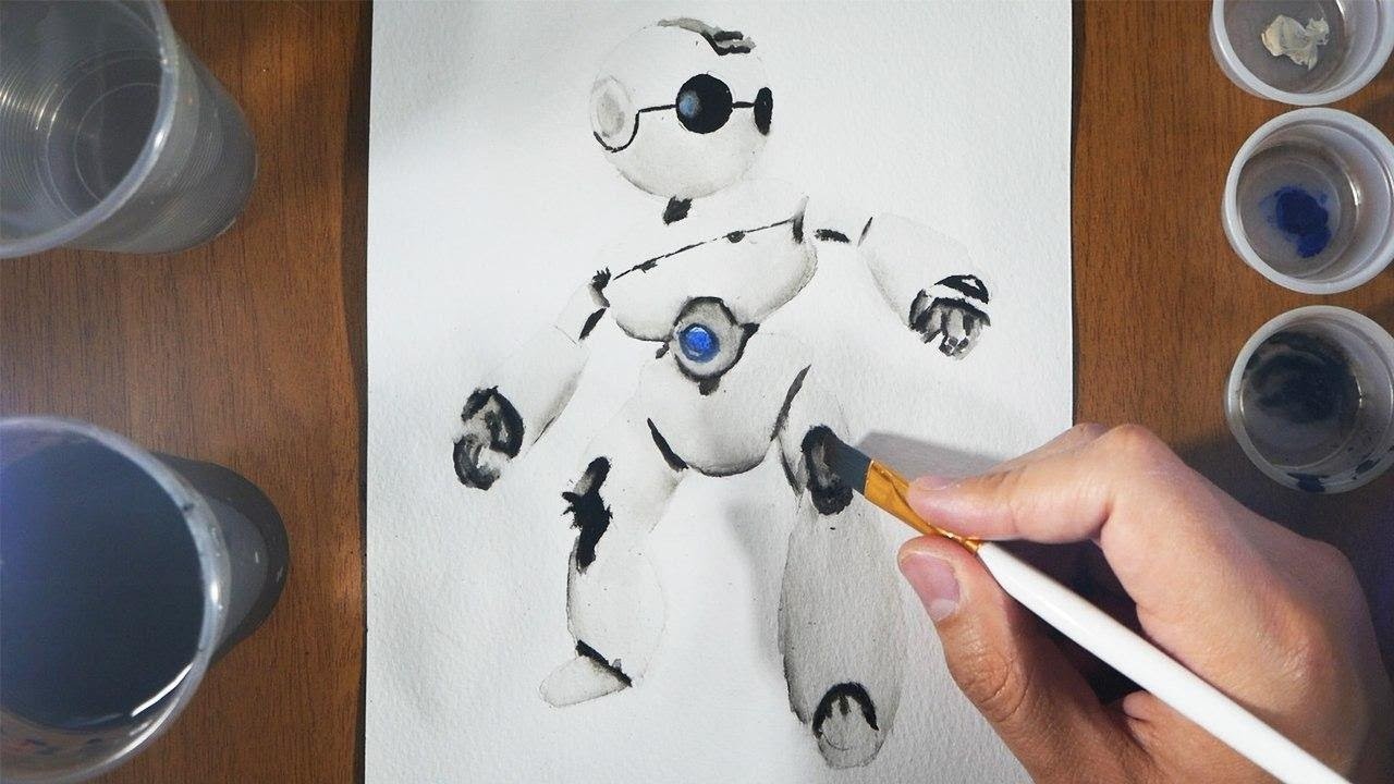 Cómo dibujar un Robot 3D con acuarelas, dibujo de un robot fácil paso a paso