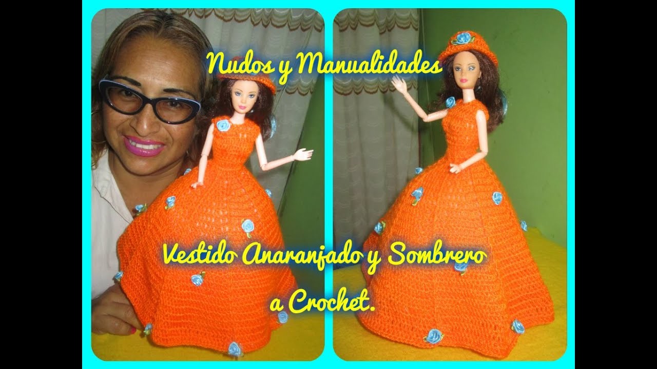 VESTIDO ANARANJADO Y SOMBRERO A CROCHET.