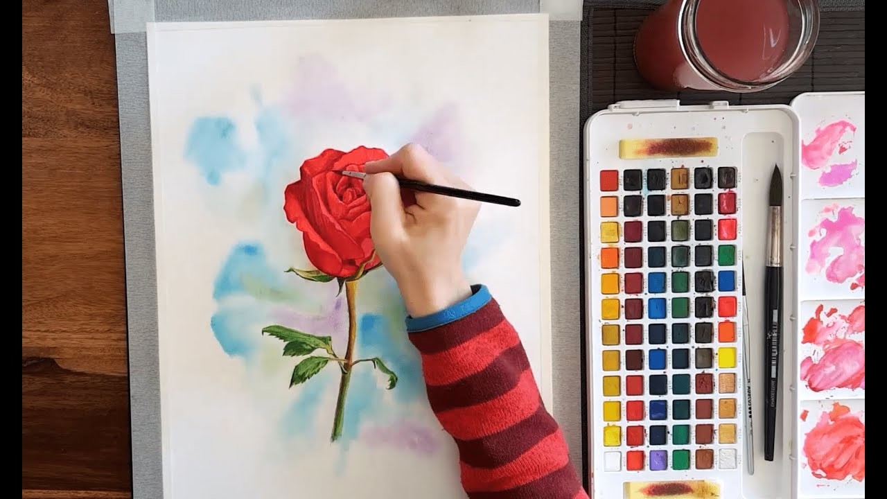 Cómo dibujar una rosa en color con acuarelas paso a paso.