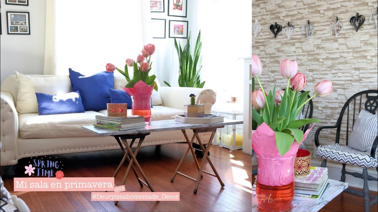 #inspirate Un salón sencillo decorado para primavera en gris y azul, con flores tulipanes