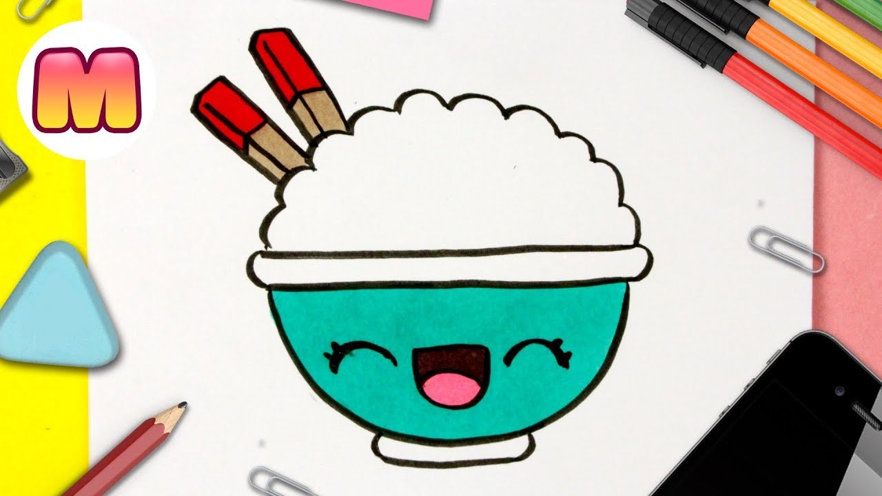 COMO DIBUJAR ARROZ KAWAII - dibujos kawaii faciles - Aprender a dibujar comida kawaii