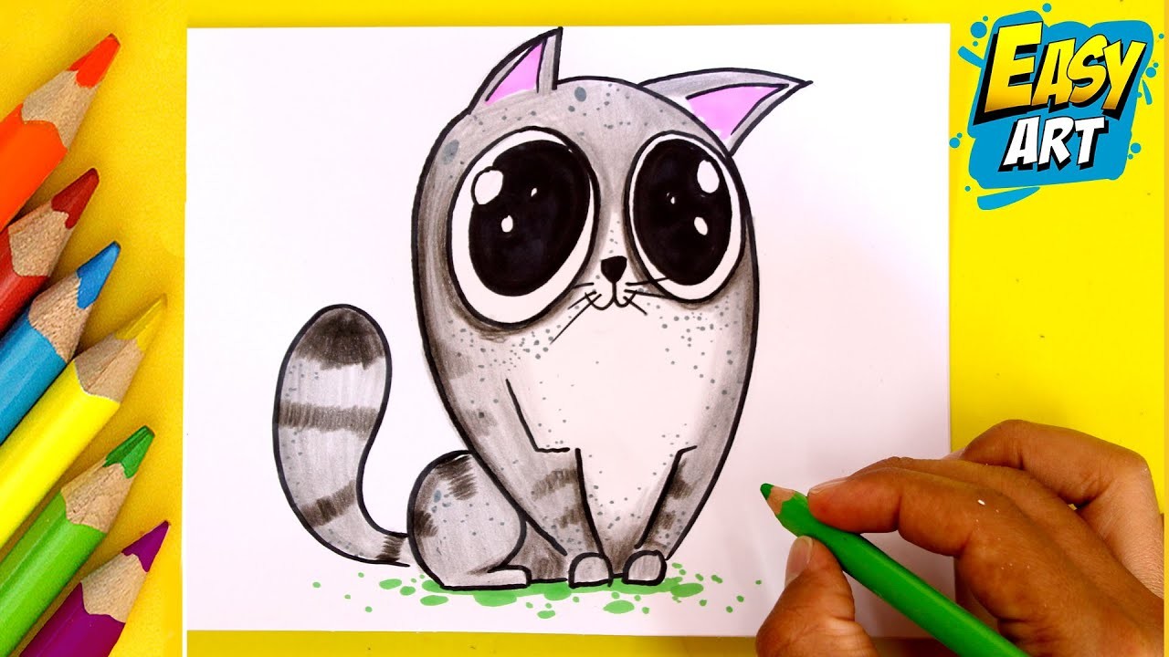 ???? Como Dibujar un GATO Kawaii  con ojos  Grandes  - Aprende a Dibujar y Pintar Animales Kawaii