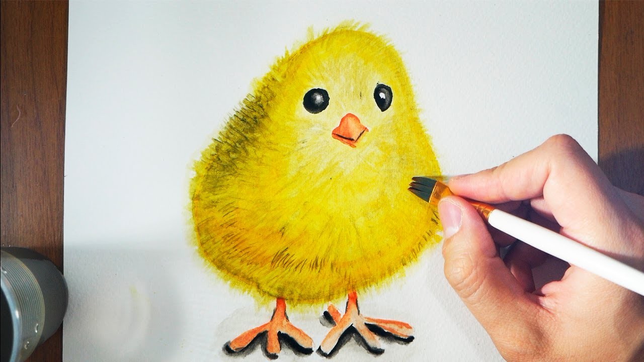 Cómo dibujar un pollito animado con acuarela fácil - paso a paso