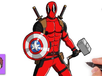 Como Dibujar a Deadpool con Escudo del Capitán America y Martillo de Thor - Dibujos para Dibujar