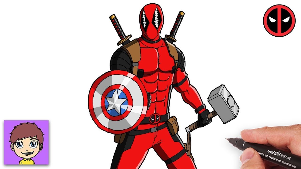 Como Dibujar a Deadpool con Escudo del Capitán America y Martillo de Thor - Dibujos para Dibujar