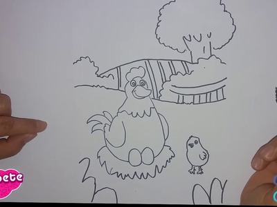 Como dibujar un Gallina en un Campo de granja | Dibujos de Animales de La Granja. 