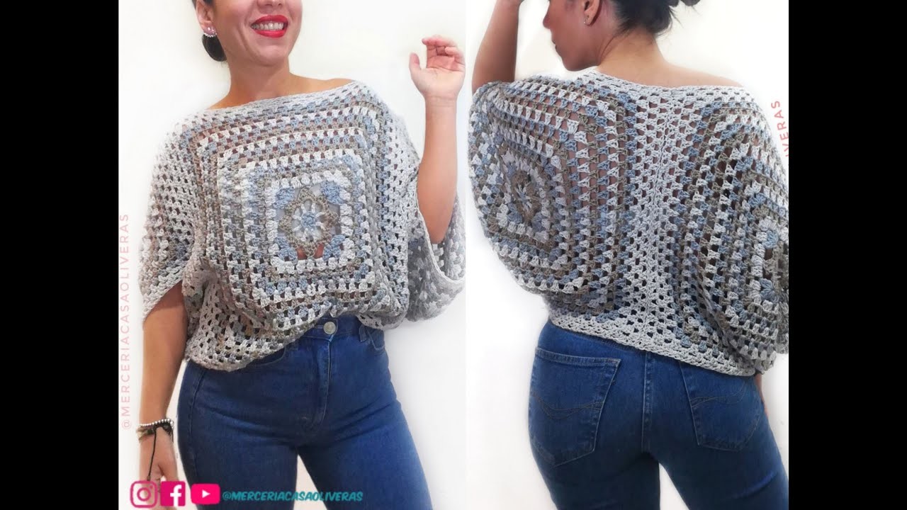 TUTORIAL CROCHET: COMO HACER UN PONCHO❤️JERSEY ❤️SWEATER-Hecho sólo con 3 GRANNY SQUARE????  MUY FÁCIL!