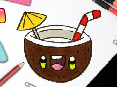 COMO DIBUJAR UN COCTEL DE COCO KAWAII - dibujos kawaii faciles - como dibujar comida y fruta kawaii