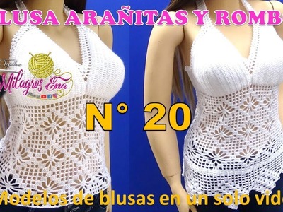 Blusas N° 20 tejidas a crochet o ganchillo: 2 blusas en puntos Arañitas con Rombos, copas y borde