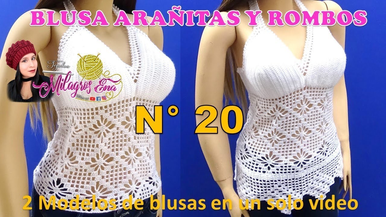 Blusas N° 20 tejidas a crochet o ganchillo: 2 blusas en puntos Arañitas con Rombos, copas y borde