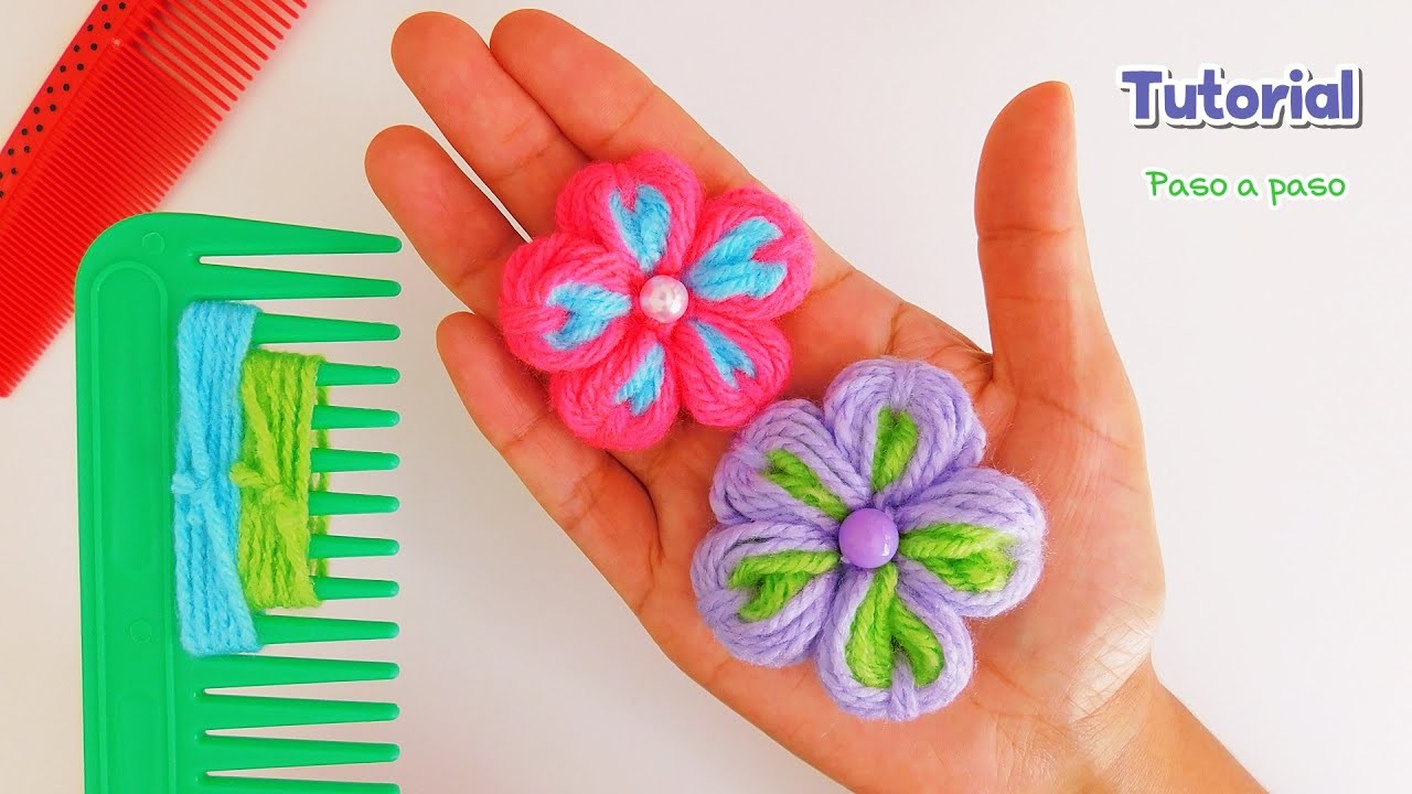 Como hacer Flores de lana con peine. Fácil , explicado paso a paso.Hand Embroidery Amazing Trick