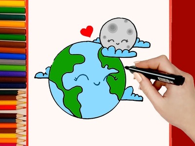 COMO DIBUJAR PLANETA TIERRA KAWAII y la luna PASO A PASO Dibujos kawaii faciles. How to draw a Earth