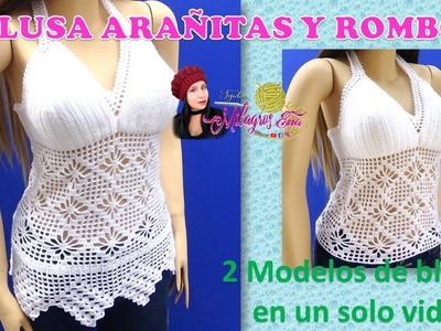 ZURDOS: 2 dos modelos de blusas tejidos a crochet en punto Arañitas con Rombos