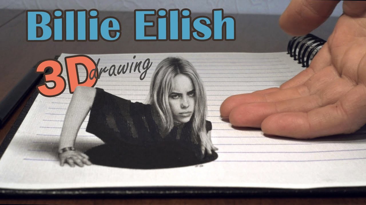 Billie Eilish dibujo al óleo en 3D sobre papel. Ella sale del hoyo