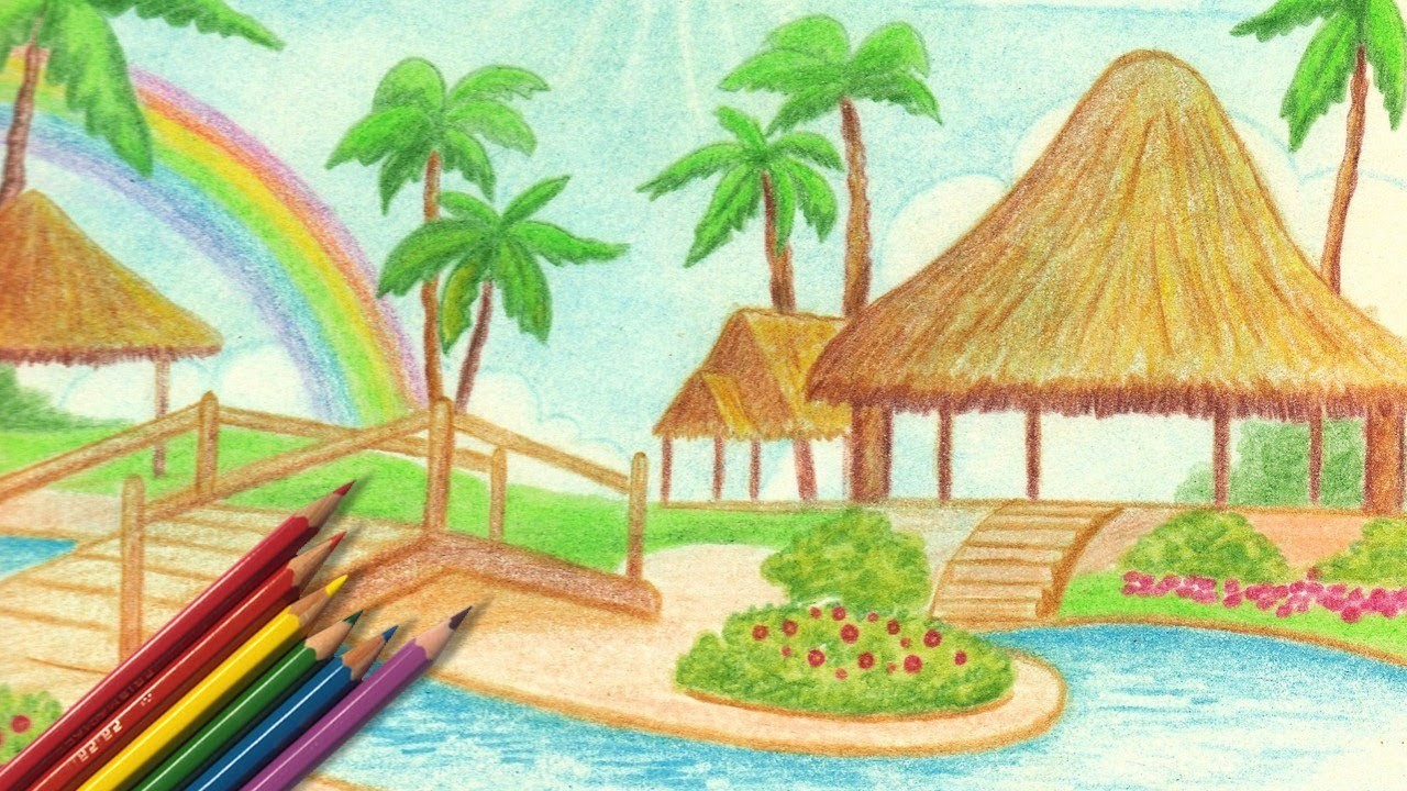 Como Dibujar un Paisaje estilo Kawaii con lapices de colores