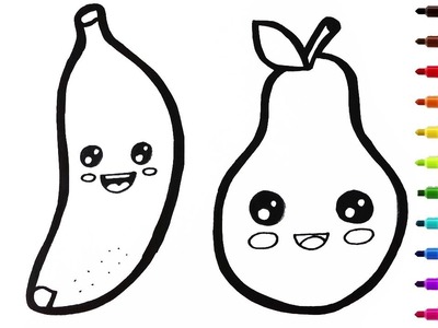 Como Dibujar una Banana y una Pera Kawaii - Aprende a Dibujar Fácil Paso a Paso.  Ideas Para Hacer