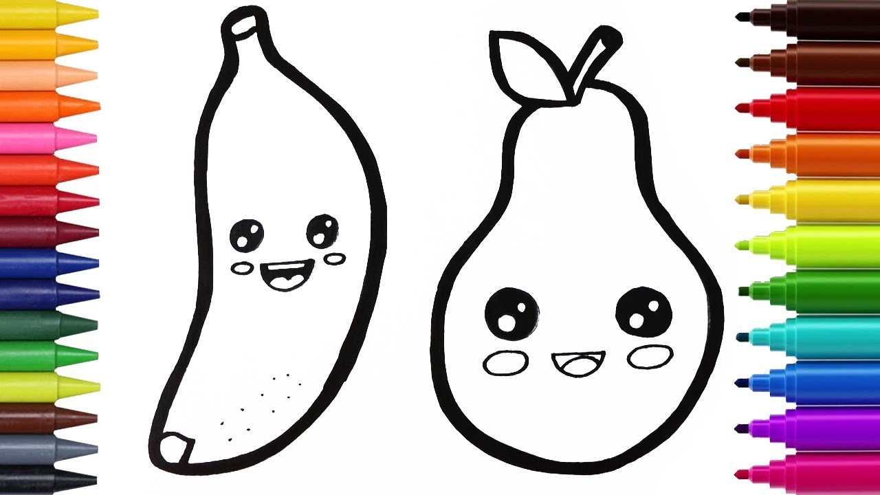 Como Dibujar una Banana y una Pera Kawaii - Aprende a Dibujar Fácil Paso a Paso.  Ideas Para Hacer