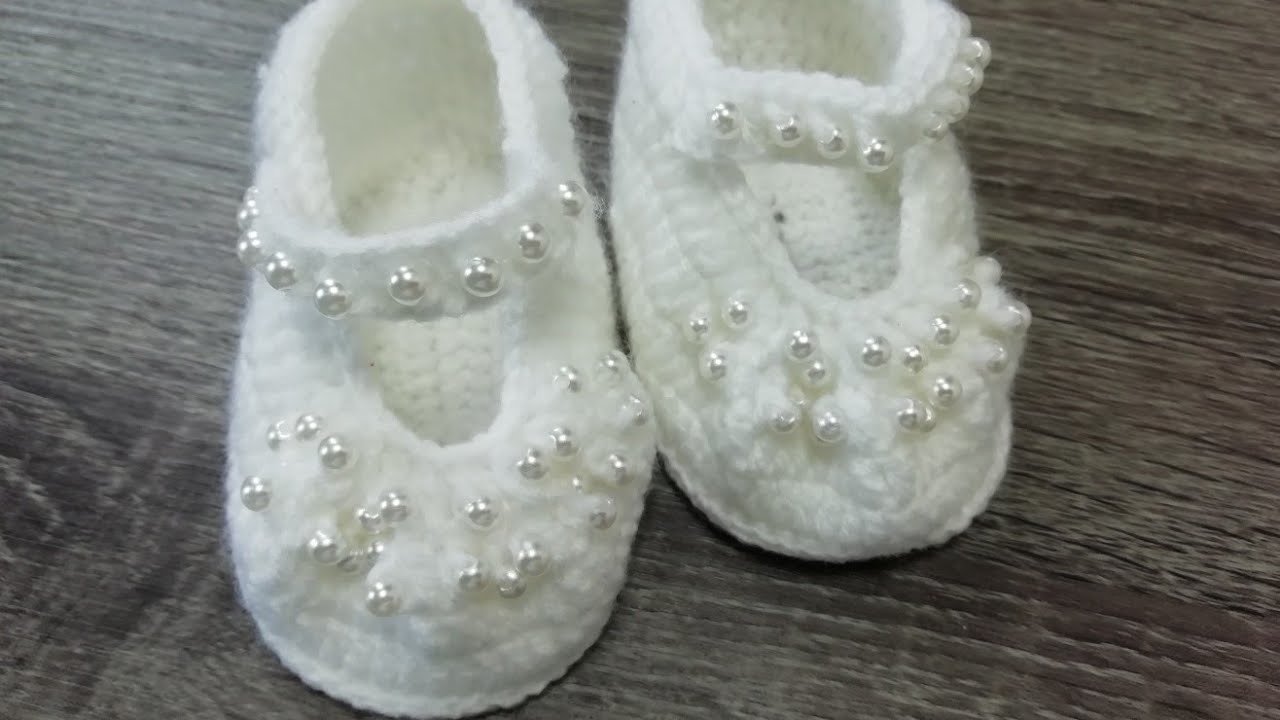 Como hacer zapatitos de bebe con perlas a crochet paso a paso, talla (0 a 3)meses