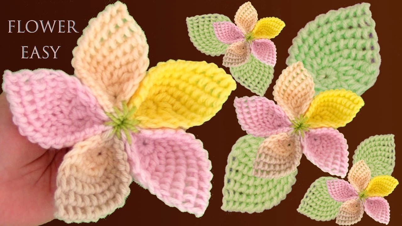 Flores con hojas en forma de plumas en Punto Tunecino tejidas a Crochet paso a paso