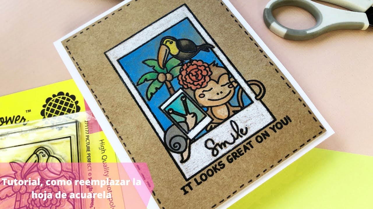 ✂️Tutorial  tarjeta con acuarelas y papel craft- con sello de Waffle Flower perfect picture✂️