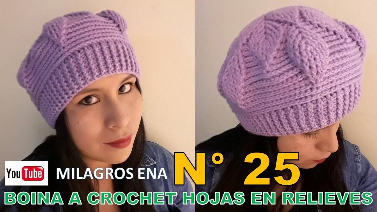 Boina N° 25 Tejido a crochet en Punto Hojas en Relieves y Elástico para damas paso a paso en español