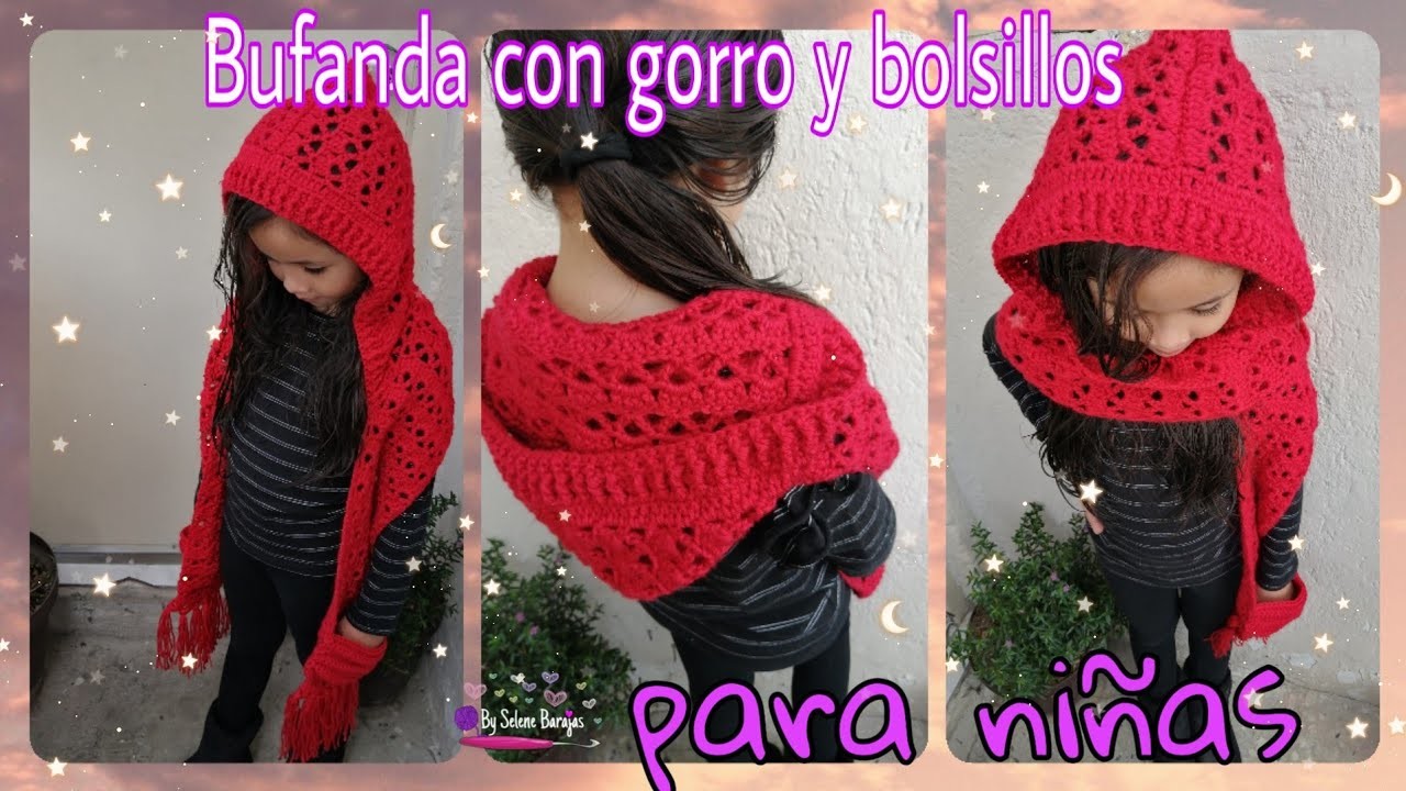 Bufanda???? crochet con GORRO y bolsillos ❄️para NIÑA????