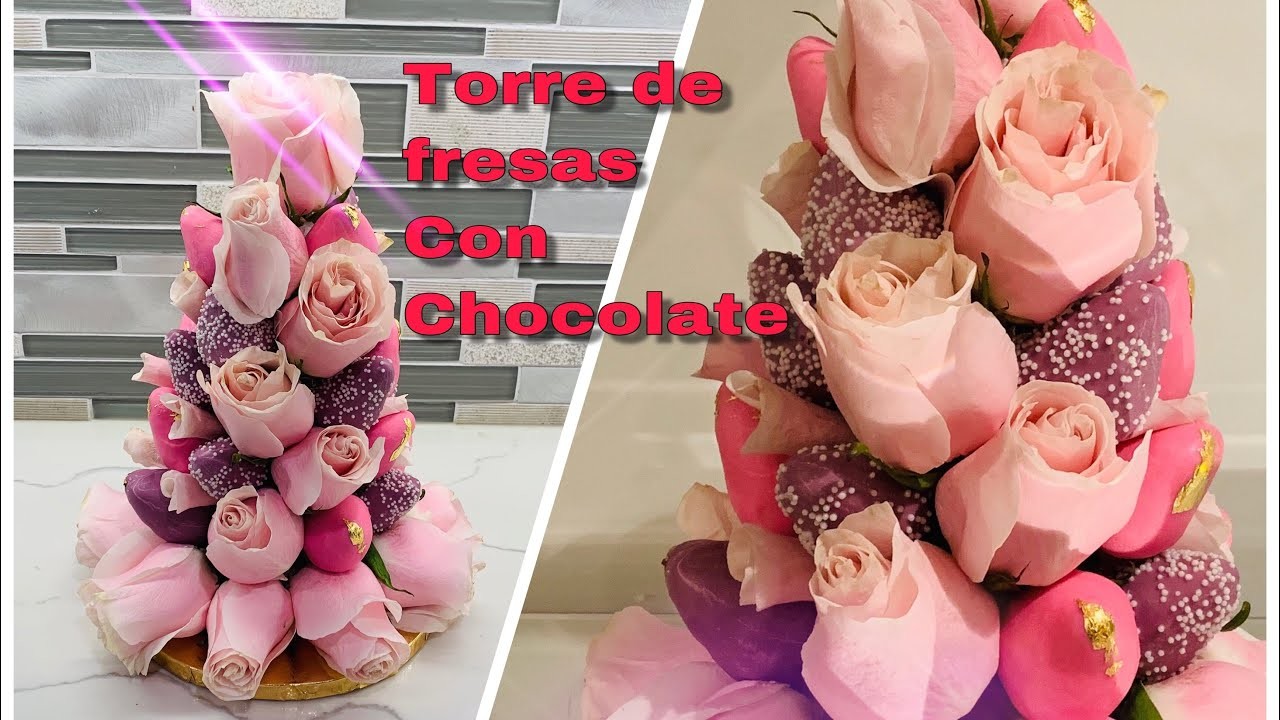 Como hacer una Torre de Fresas Cubiertas Con Chocolate y Tela  De Oro