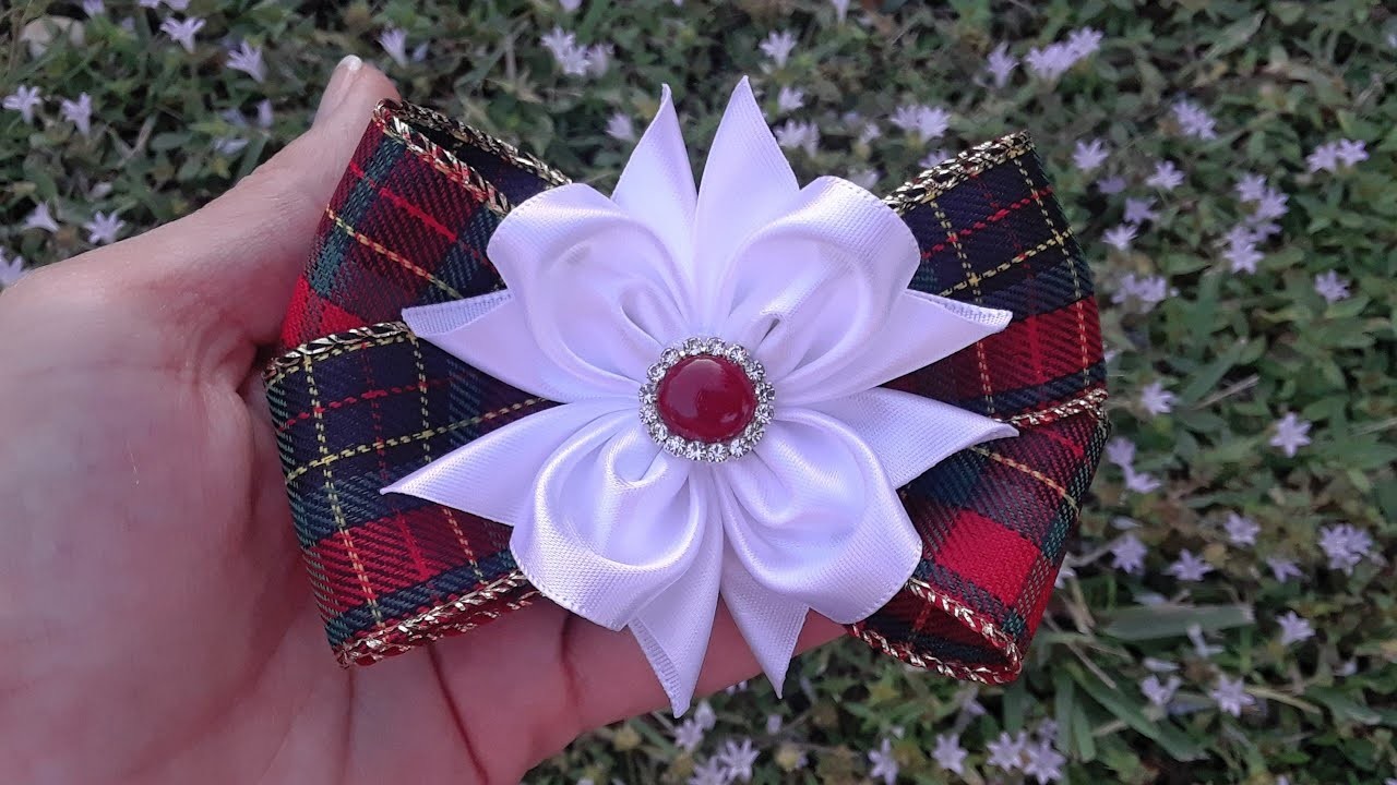 Moño con flor exótica para niñas | DIY Christmas Hair bow with flower | Laço com flor de fita