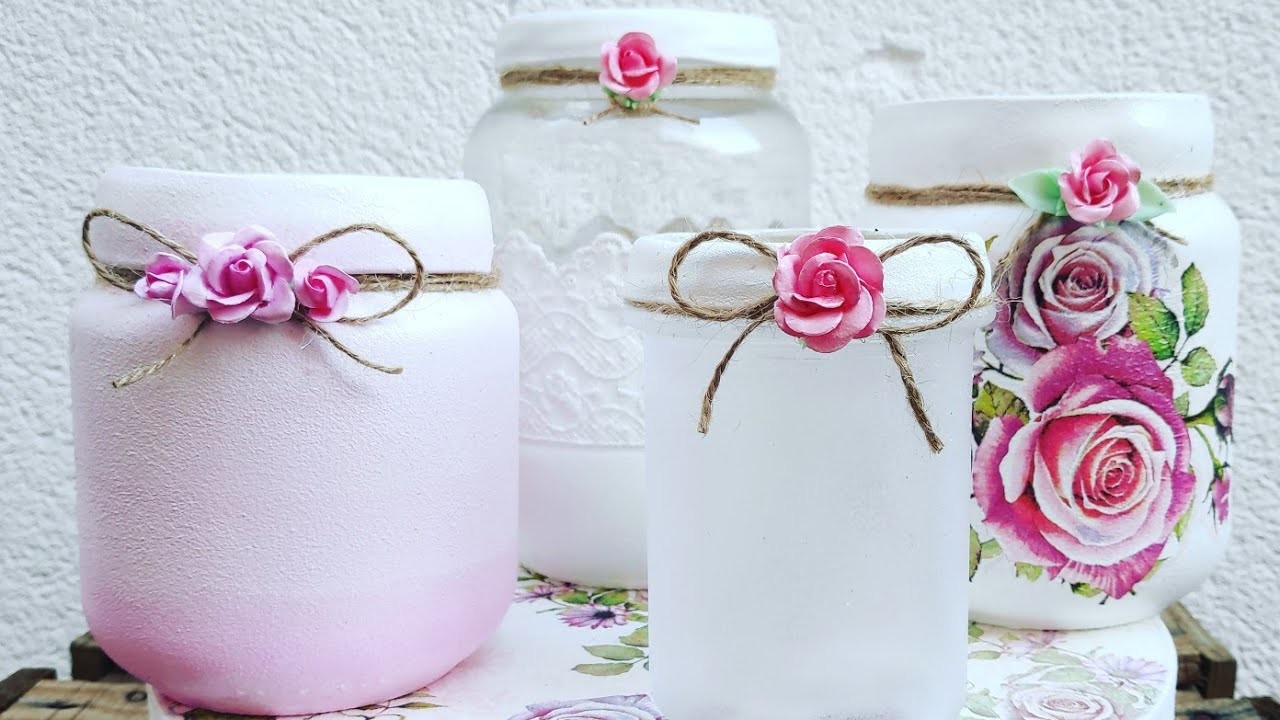 4 Frascos decorados románticos. 4 romantic decorated glass jars (eng sub)