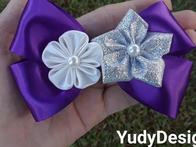 Moño para Niñas con flores kanzashi fáciles de hacer | How to make a ribbon hair bow and flower.