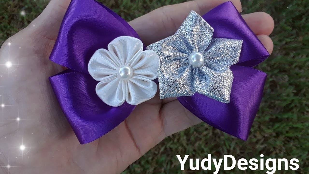 Moño para Niñas con flores kanzashi fáciles de hacer | How to make a ribbon hair bow and flower.