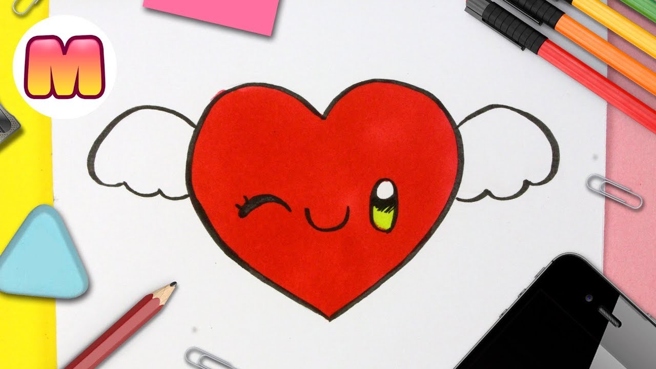COMO DIBUJAR UN CORAZON CON ALAS KAWAII - Dibujos kawaii faciles - How to draw a HEART
