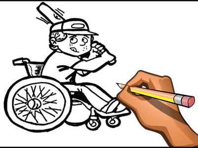 Como dibujar un Niño Beisbolista en Silla de Ruedas Paso a Paso .  Dibujo de Niño Discapacitado
