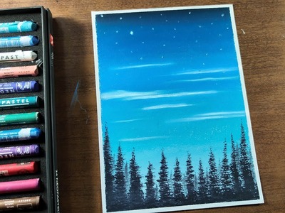 Cielo Azul y Estrellas sobre el bosque con Óleo Pastel