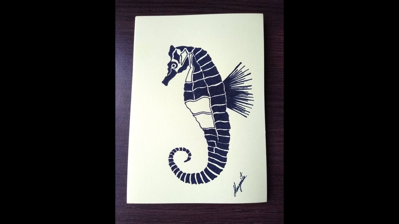 Dibujo Tribal de Caballito de Mar. Ejercicio fácil para principiantes. Tribal drawing of Seahorse.