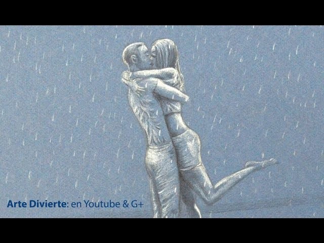 Cómo dibujar una pareja de enamorados besándose bajo la lluvia -  Arte Divierte.