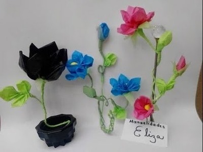 Como hacer flores con bolsas  de plastico  reciclaje