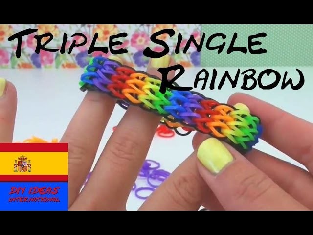 Como hacer pulseras de gomitas sin Telar TRIPLE SINGLE bracelet con tenedor en español rainbow loom