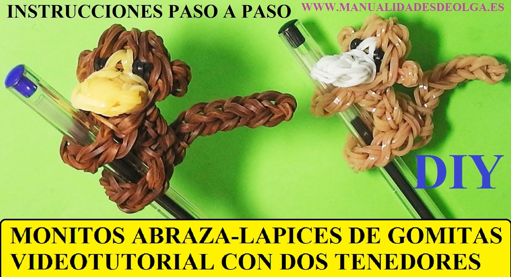 COMO HACER UN MONO ABRAZA-LAPICES DE GOMITAS (LIGAS) (MONKEY CHARM) CON DOS TENEDORES. TUTORIAL DIY