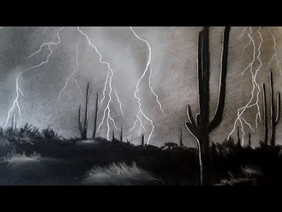 Cómo dibujar una tomenta eléctrica de noche en el desierto, cómo dibujar un paisaje al carboncillo