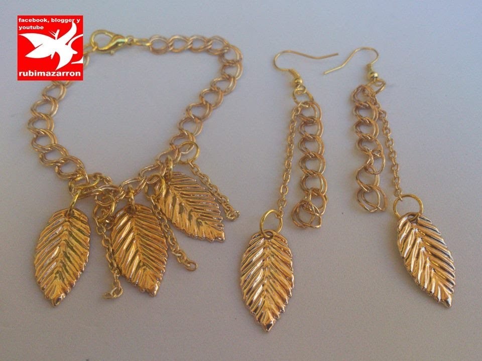 Pendientes de moda dorados con cadenas y hojas ( golden earrings with chains and leaves )
