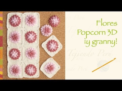 Crochet paso a paso: flores popcorn 3D.  incluye diagrama para hacer un granny!