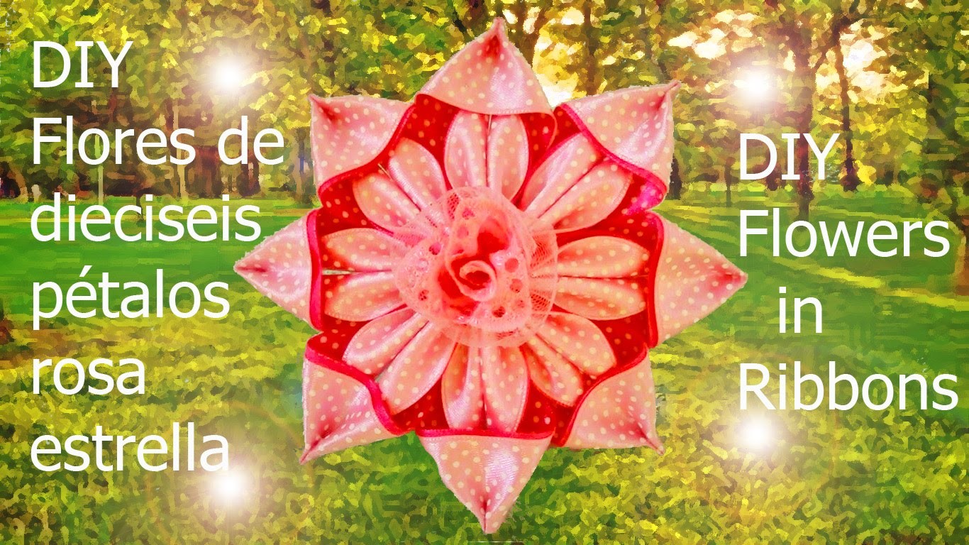 DIY Kanzashi flores de dieciséis pétalos rosa estrella en cintas flowers in ribbons