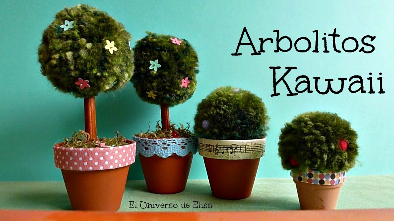 Arbolito y Arbusto Kawaii, Manualidades con Pompones, Manualidades Kawaii